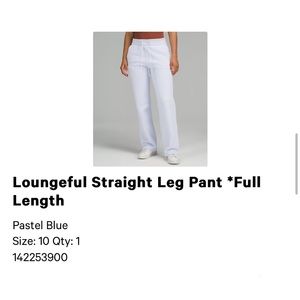 Lululemon Loungeful Straight Leg Pant
Pastel Blue
Size: 10